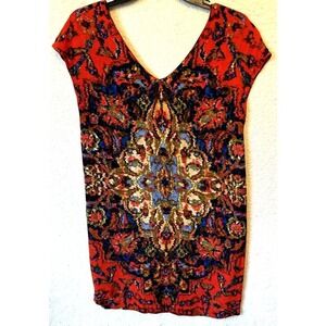 Anthropologie Maeve Multicolored Medallion Shift Dress Womens Size Small V‎ Neck
